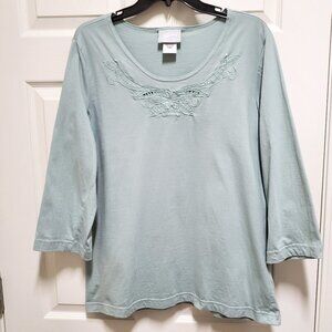 Blair Light Sage Green 3/4 Sleeve Top with Embroidery Detail